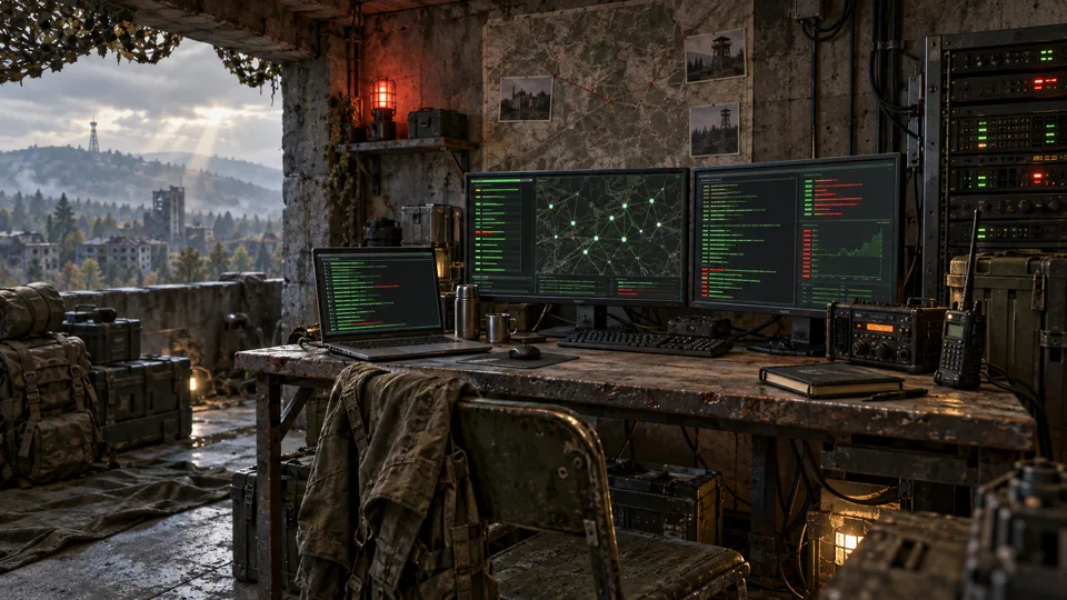Un poste informatique et des serveurs dans un abri.