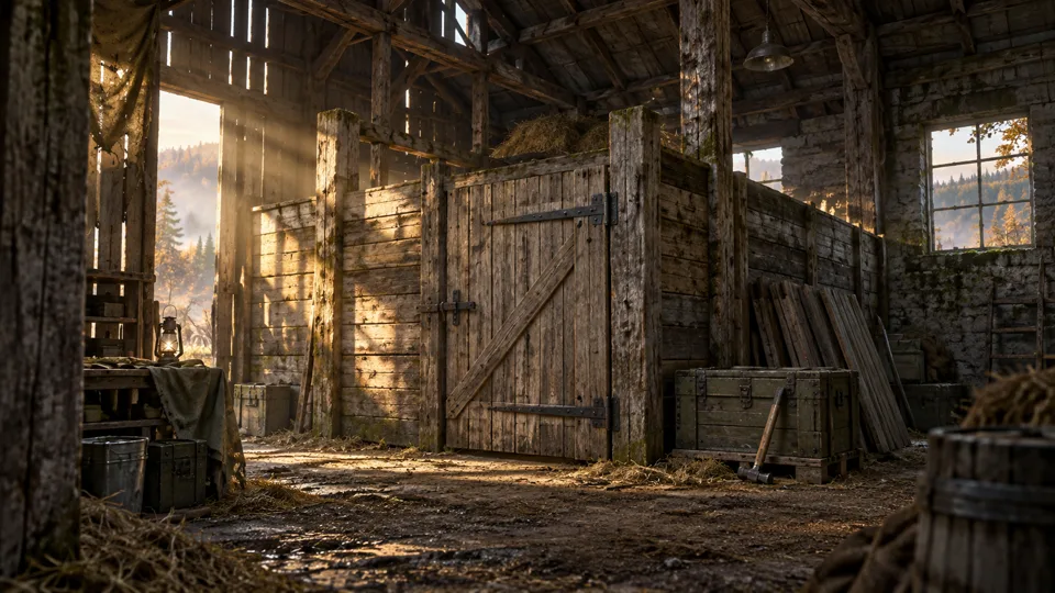 Une base en bois et son stockage dans une grange.