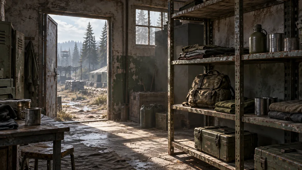 Des fournitures dans un dépôt de matériel abandonné.