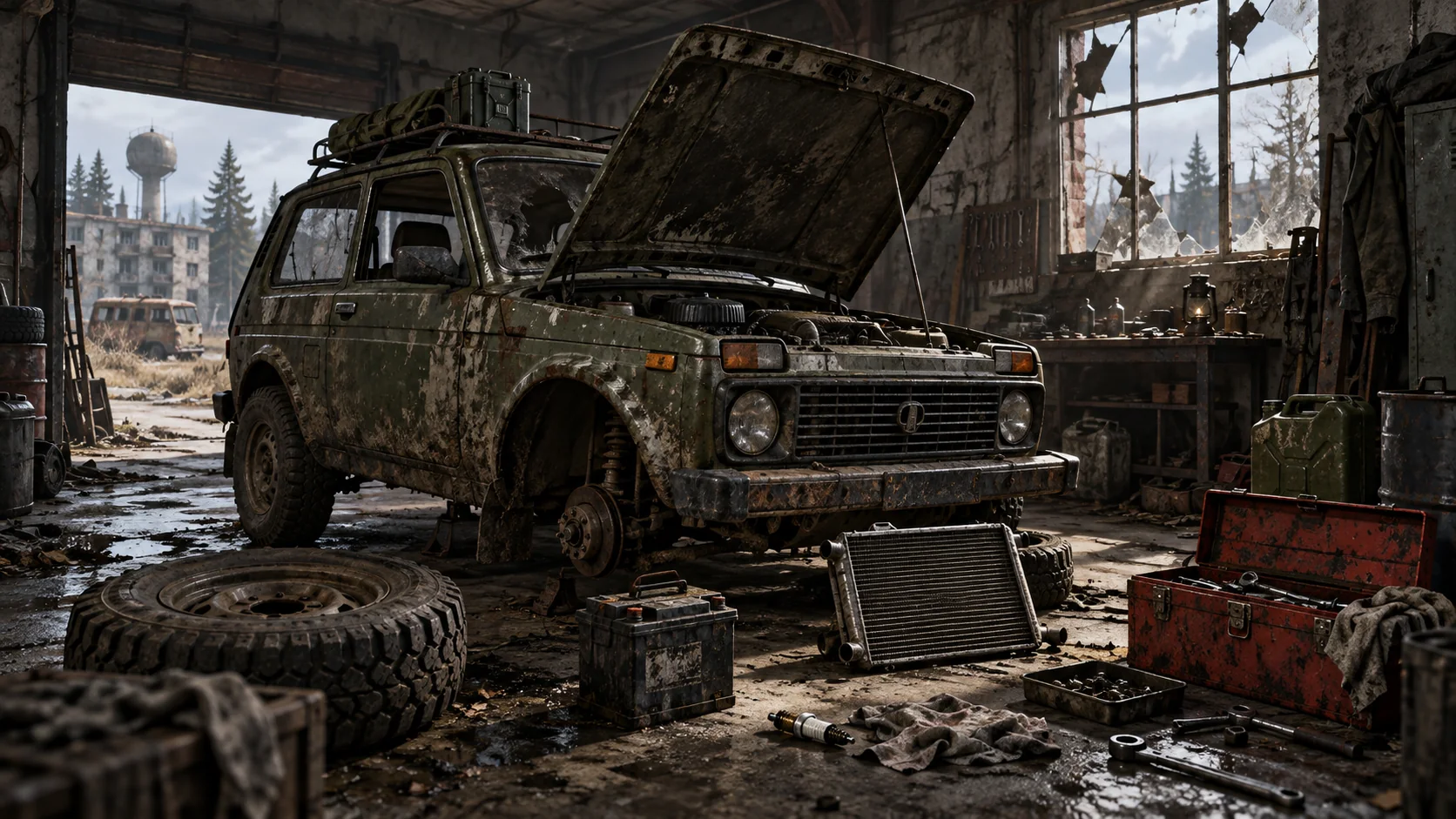 Un tout-terrain et ses pièces dans un garage.